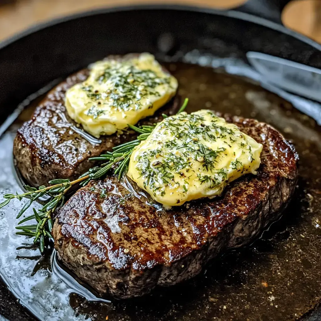 Two perfectly seared steaks topped with herb butter and garnished with fresh rosemary, served in a cast iron skillet.