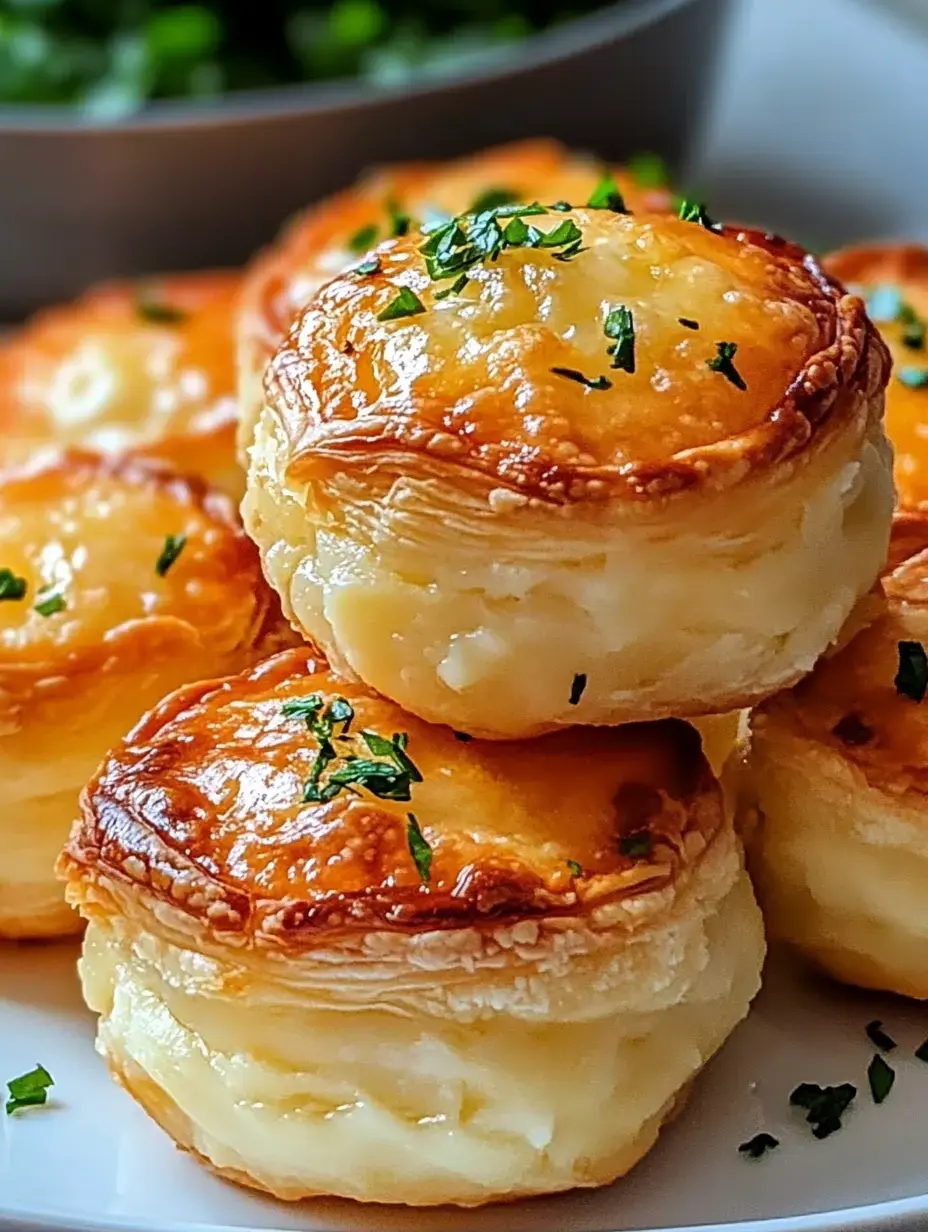 A close-up of golden-brown puff pastry bites topped with chopped parsley, displaying a soft, creamy filling.