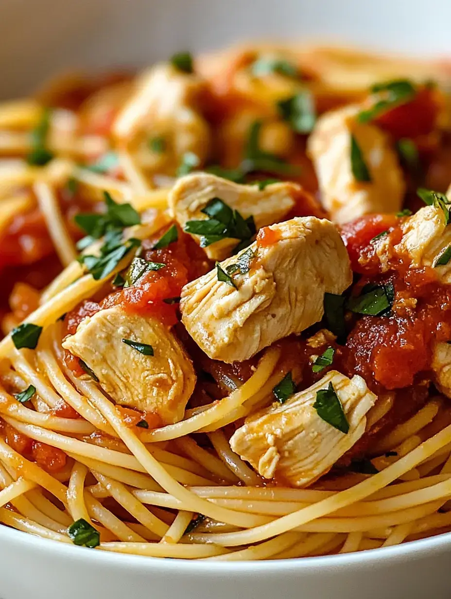 A close-up of spaghetti topped with pieces of chicken, tomato sauce, and chopped parsley.