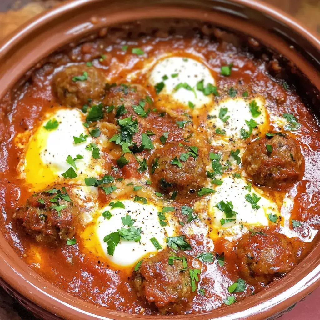 A clay dish filled with meatballs in a rich tomato sauce, topped with poached eggs and sprinkled with fresh parsley.