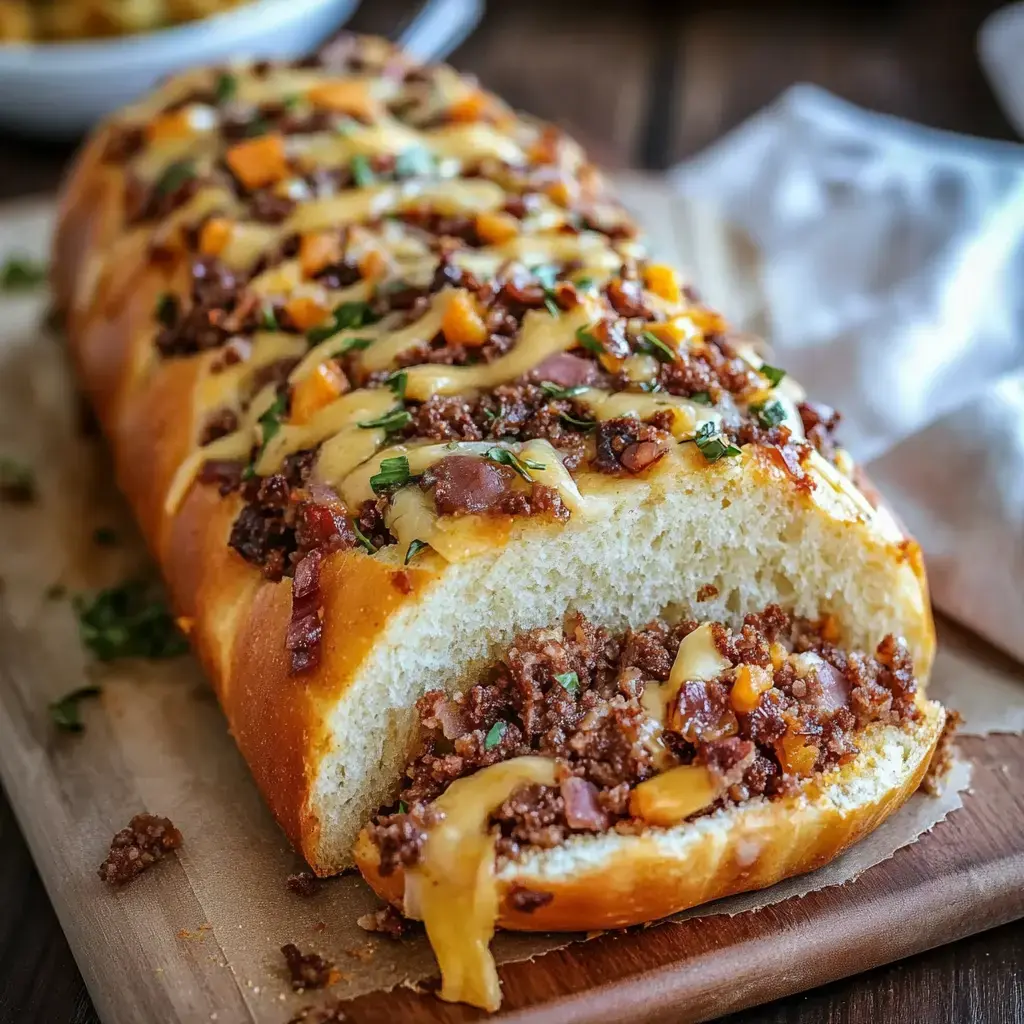 A sliced loaf of bread filled with a savory mixture of ground meat, cheese, and chopped vegetables, garnished with herbs.