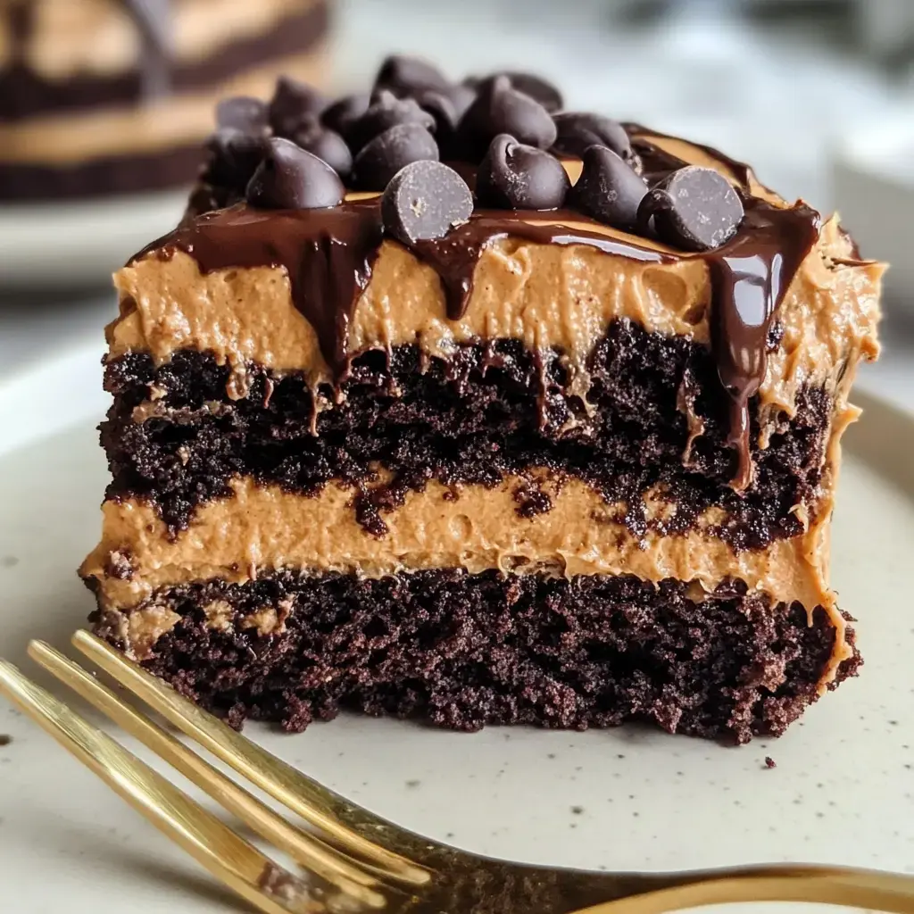 A close-up of a slice of chocolate cake layered with chocolate frosting and topped with chocolate chips, served on a plate with a golden fork beside it.