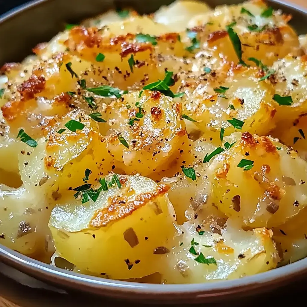 A close-up image of golden-brown roasted potatoes topped with herbs and spices in a serving dish.