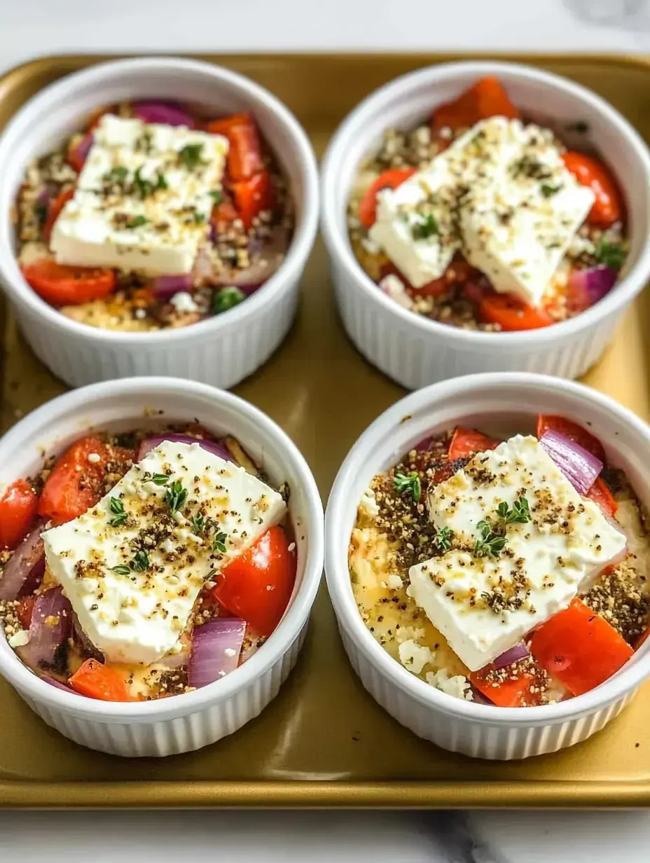 Four ramekins filled with chopped tomatoes, red onions, and blocks of feta cheese, garnished with herbs and spices, are arranged on a golden tray.