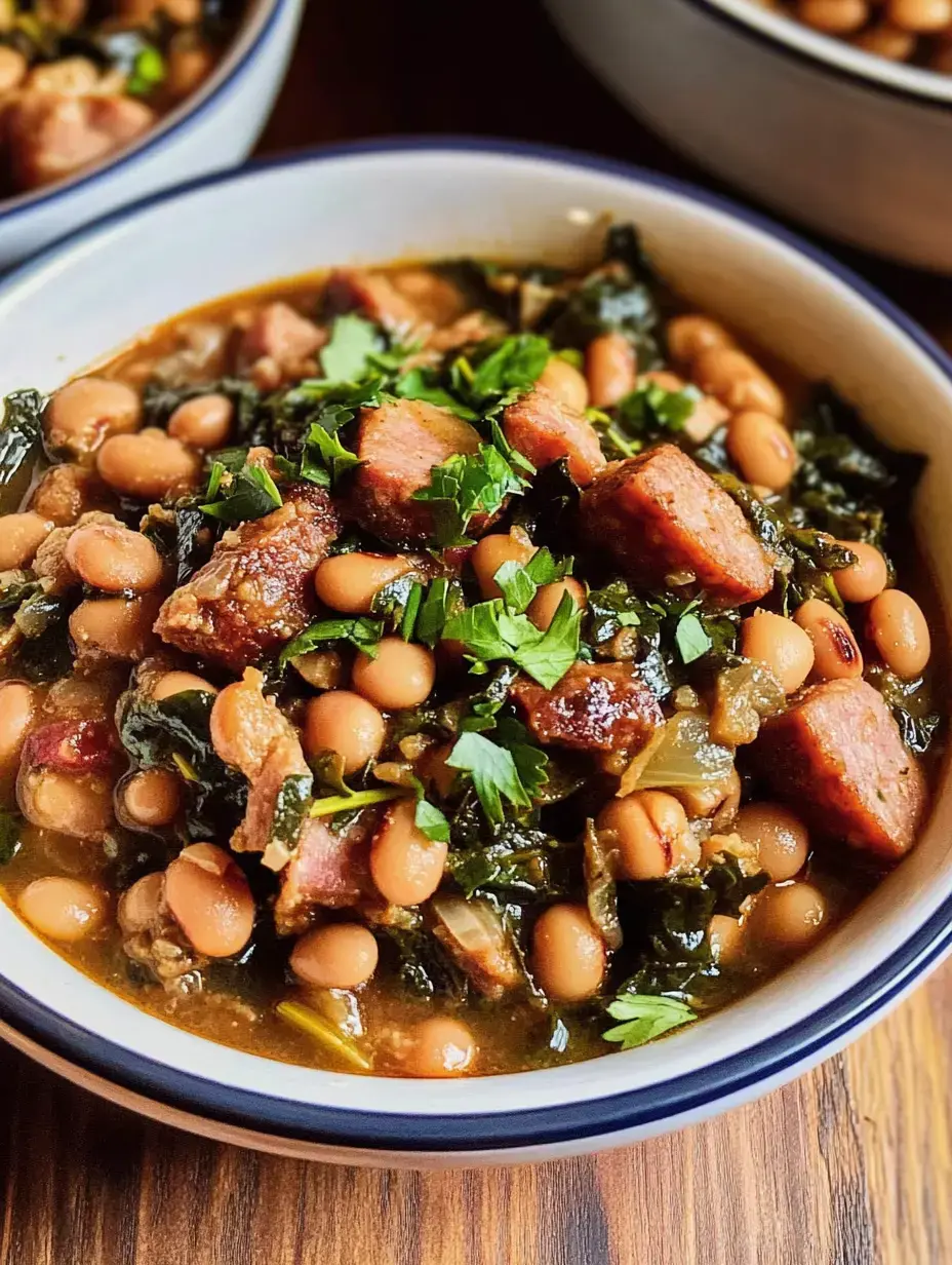 A hearty bowl of beans, greens, and chunks of meat, garnished with fresh herbs, set against a wooden background.