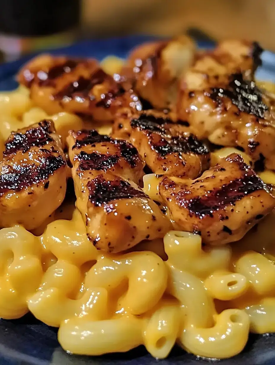 A plate of creamy macaroni and cheese topped with grilled chicken pieces.