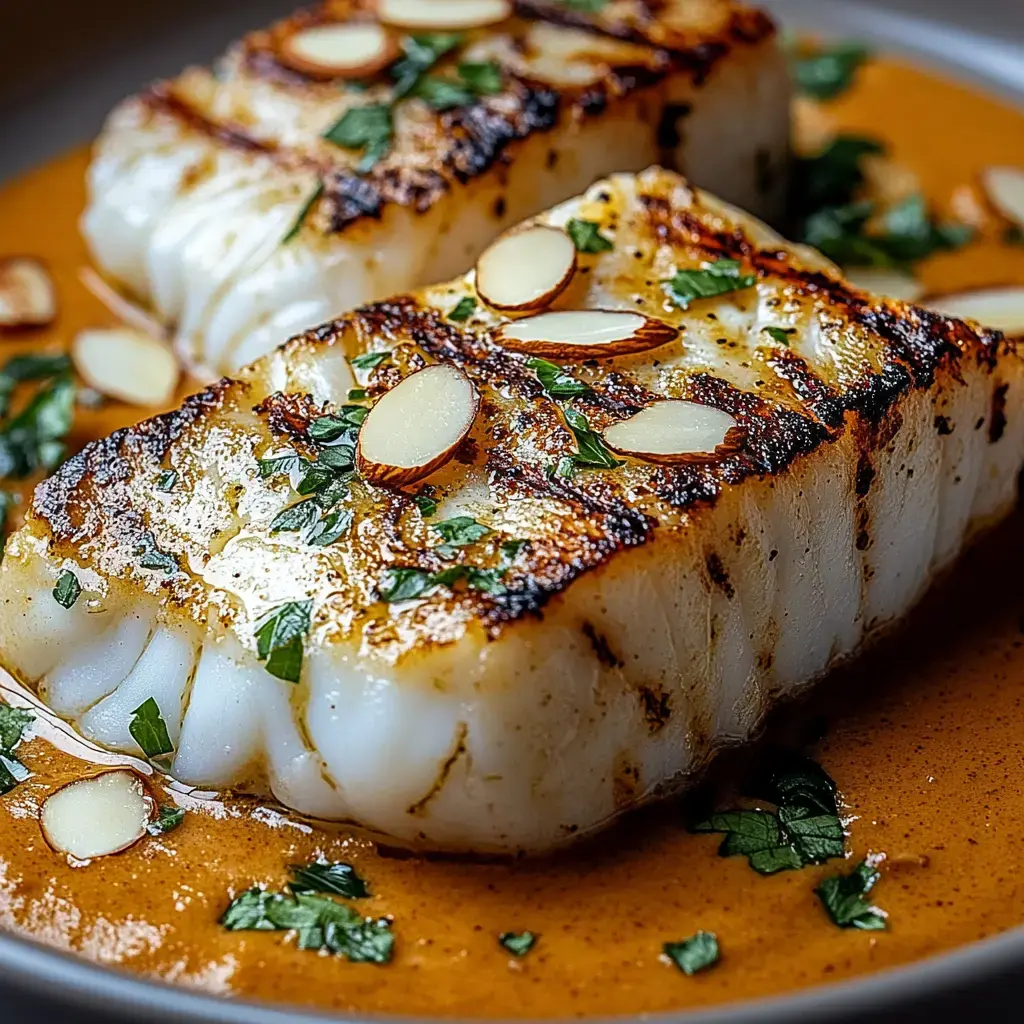 Grilled fish fillets topped with sliced almonds and herbs, served on a rich sauce.