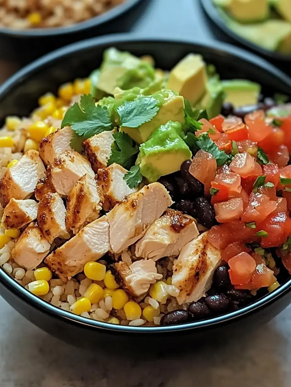 A bowl of rice topped with grilled chicken slices, corn, black beans, guacamole, fresh cilantro, and diced tomatoes.