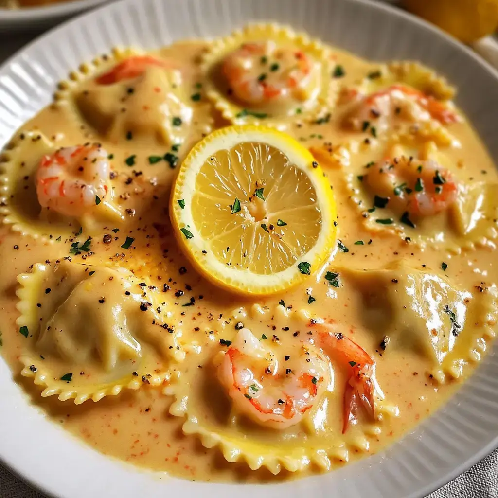 A plate of ravioli in a creamy sauce, garnished with shrimp, parsley, black pepper, and a slice of lemon.