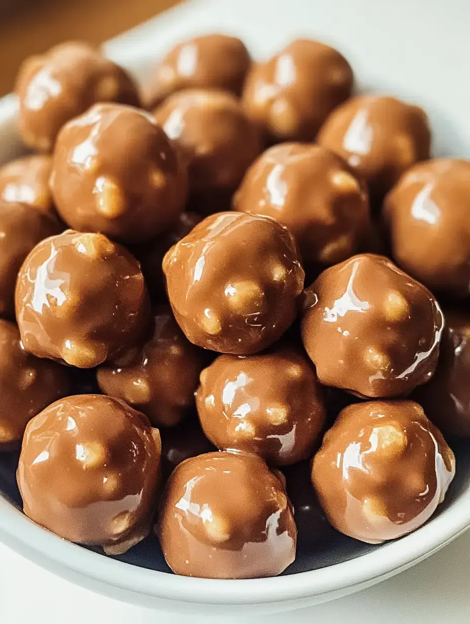 A close-up view of a bowl filled with glossy chocolate-covered snack balls with crunchy bits.