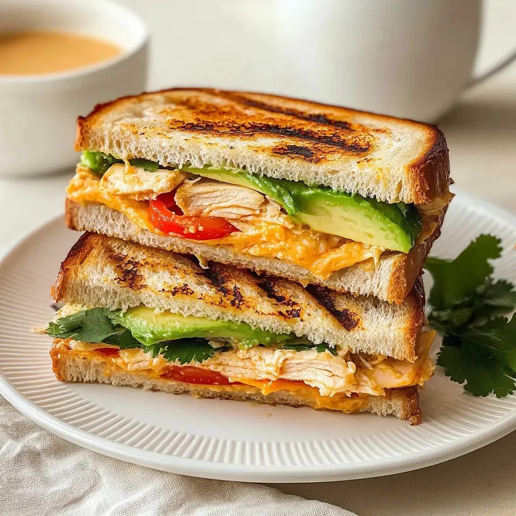 A stack of grilled sandwiches filled with shredded chicken, cheese, avocado, and sliced red peppers, garnished with fresh cilantro, alongside a cup of beverage.