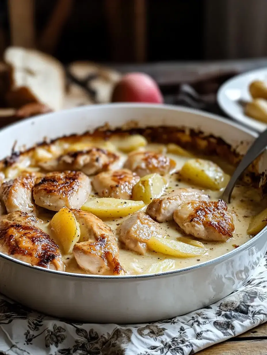 A creamy dish of sautéed chicken and apple slices in a baking dish, with a fork resting inside.