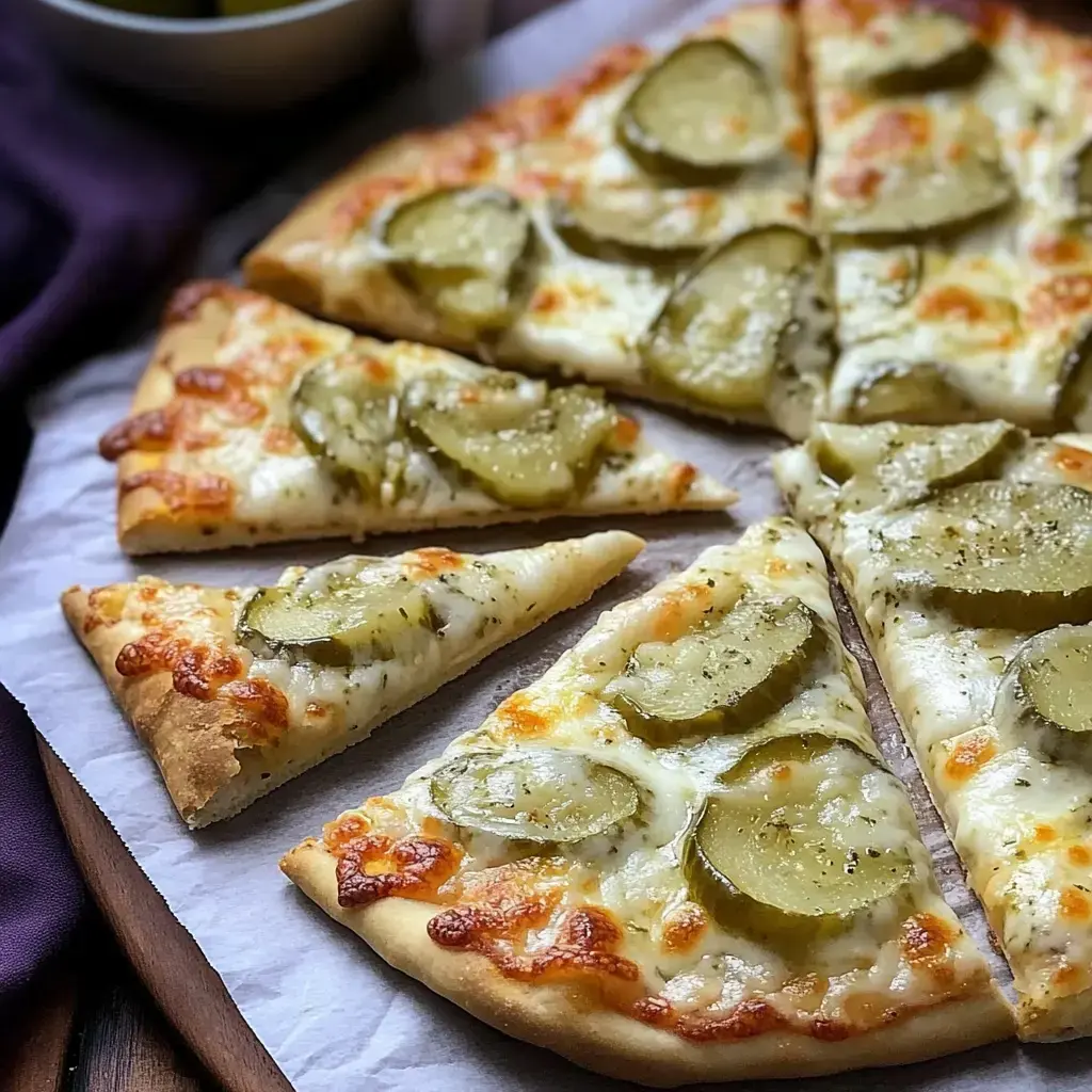 A pizza topped with melted cheese and slices of pickles, with several pieces cut and placed on a wooden board.