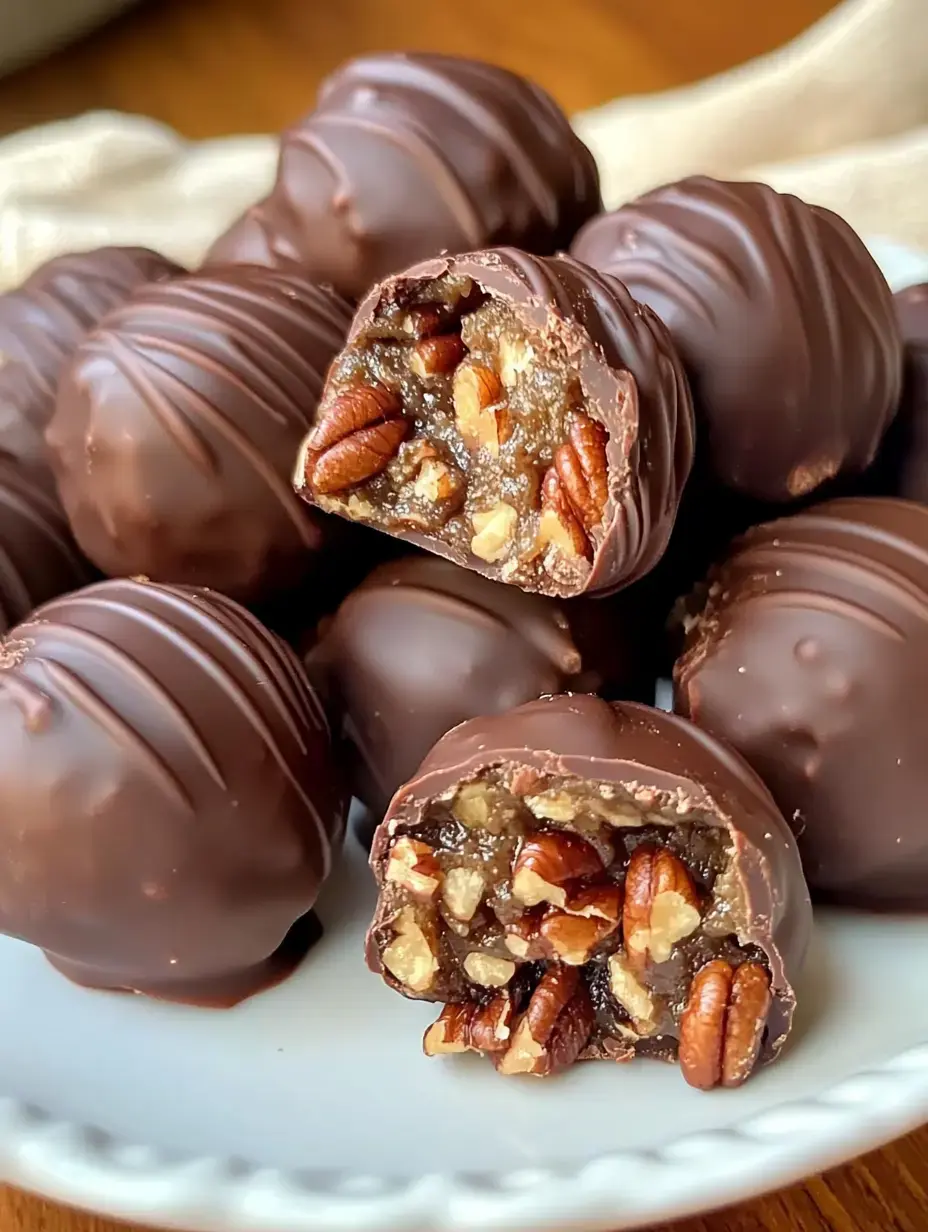 A plate of chocolate-covered balls filled with pecans and a caramel-like center, with one piece cut in half to reveal the interior.