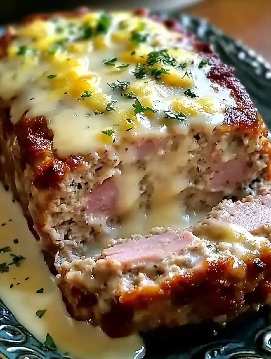 A savory meatloaf topped with melted cheese and garnished with parsley, showcasing a slice revealing ham inside.