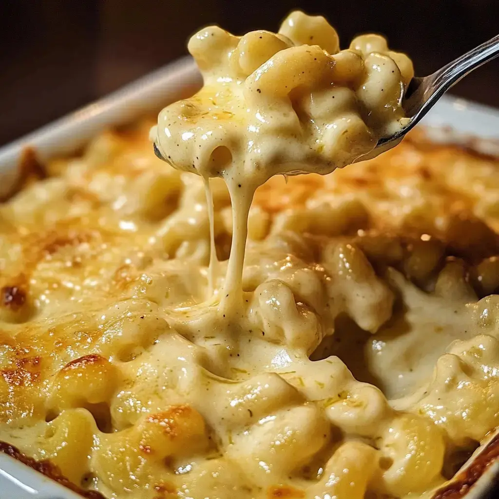 A fork lifts a creamy, cheesy portion of baked macaroni and cheese, showcasing its gooey texture and golden top.