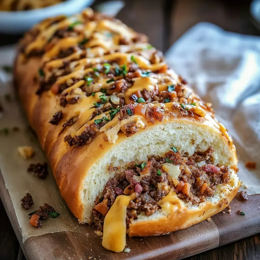 A sliced loaf of buttery bread filled with ground meat, cheese, and garnished with green herbs sits on a wooden cutting board.