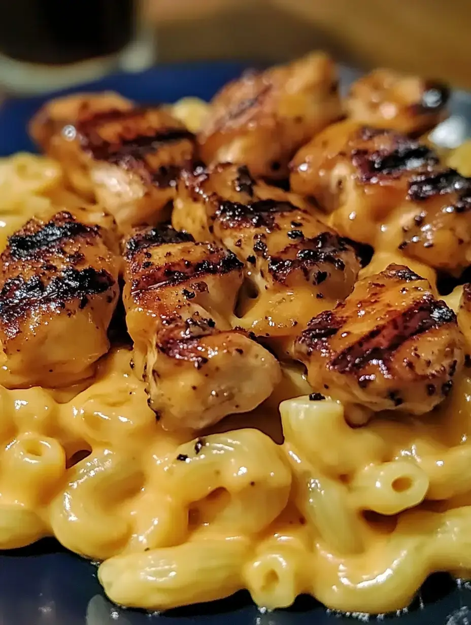 A plate of creamy macaroni and cheese topped with grilled chicken pieces.