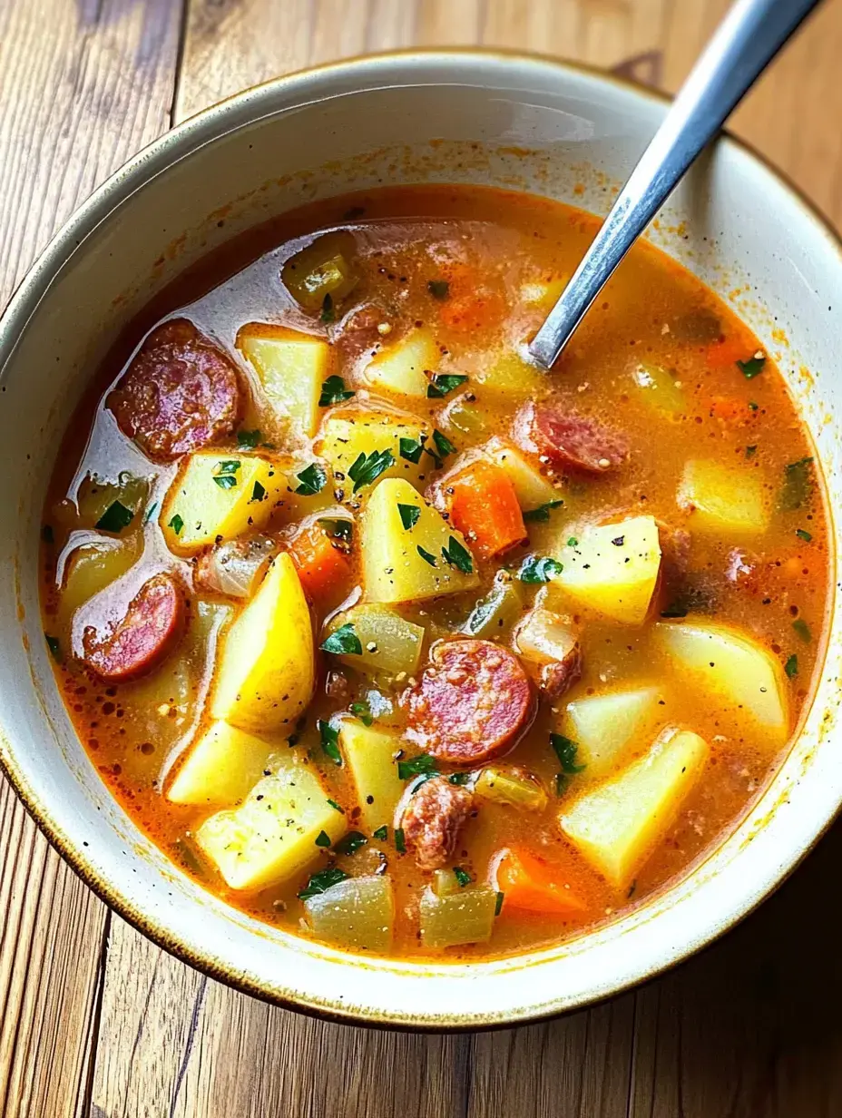 A hearty bowl of soup featuring diced potatoes, carrots, celery, and slices of sausage, garnished with green herbs, set against a wooden table.