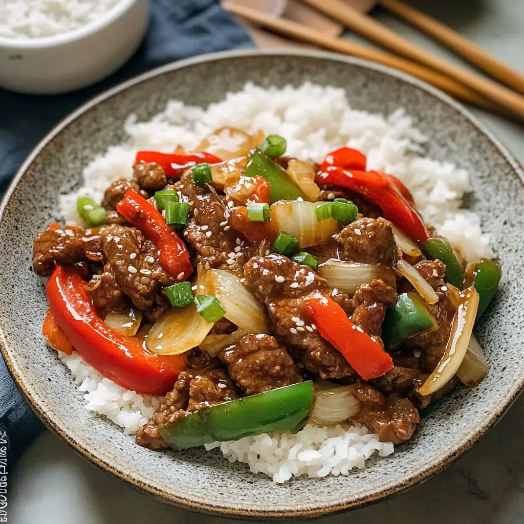 A bowl of white rice topped with beef stir-fry, red and green bell peppers, onions, and sesame seeds.