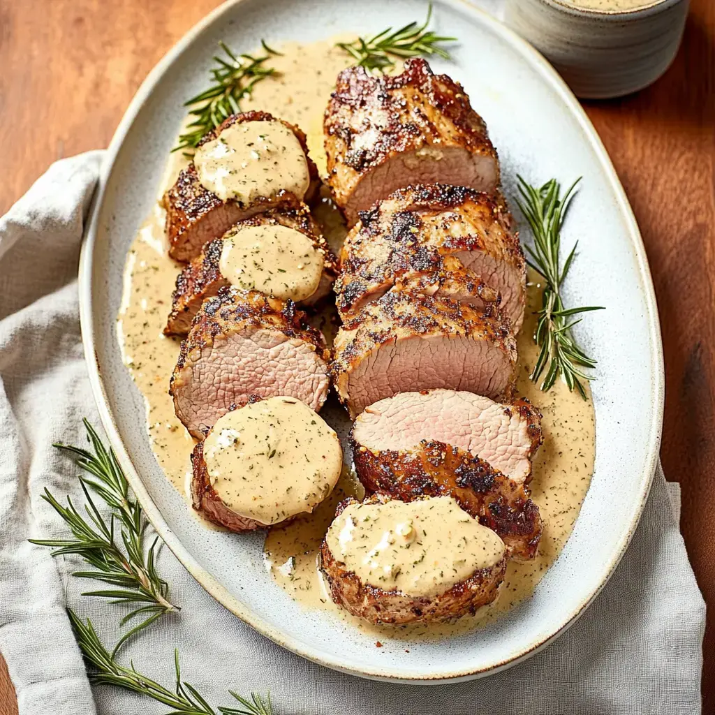 A platter of sliced pork tenderloin is served with a creamy sauce and garnished with rosemary sprigs.