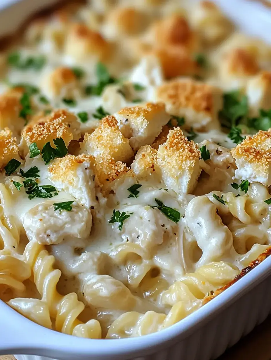 A close-up view of a creamy pasta bake topped with golden breadcrumbs and chopped parsley.