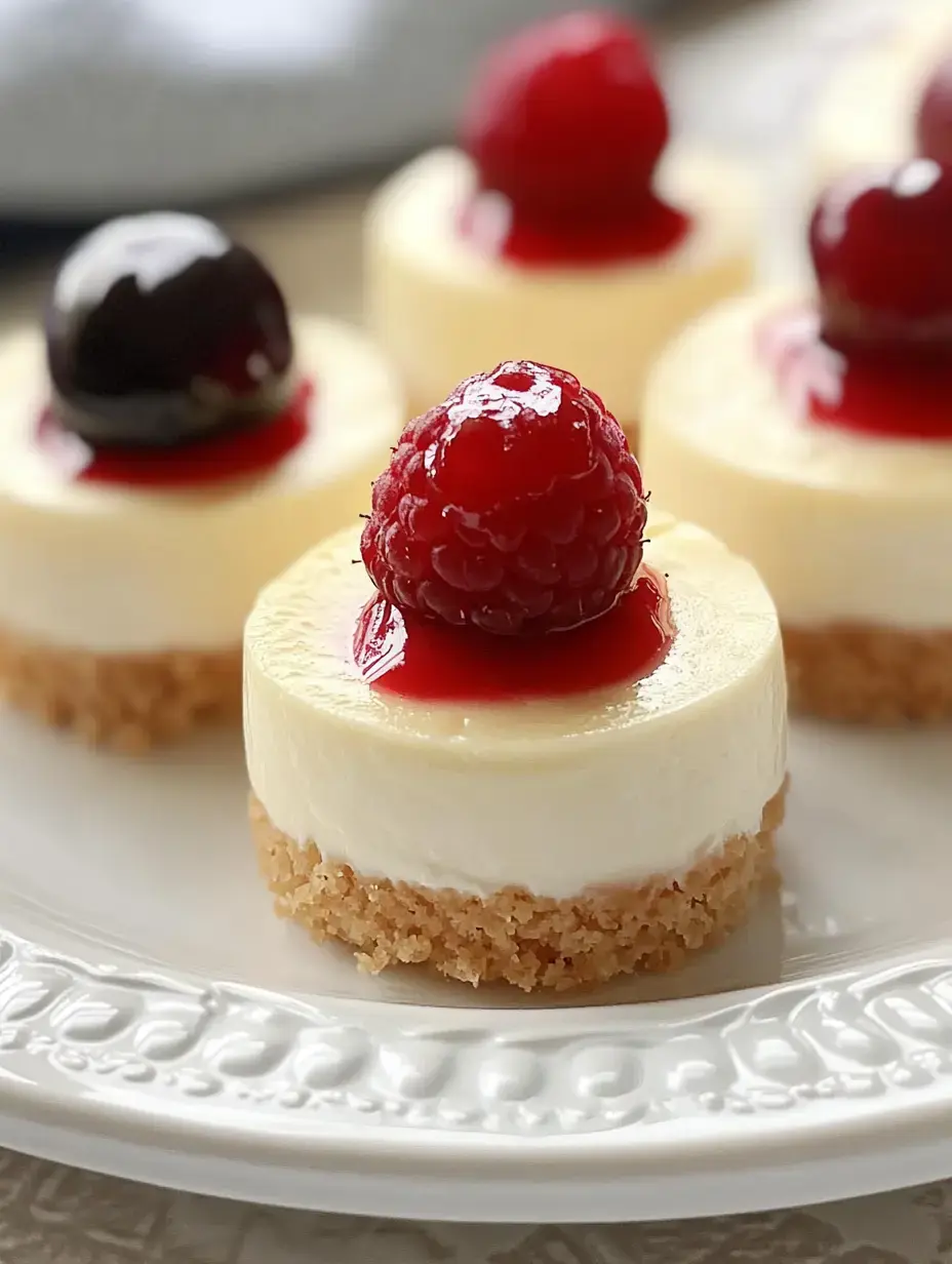 A close-up of mini cheesecakes topped with raspberries and drizzled with raspberry sauce on a decorative plate.