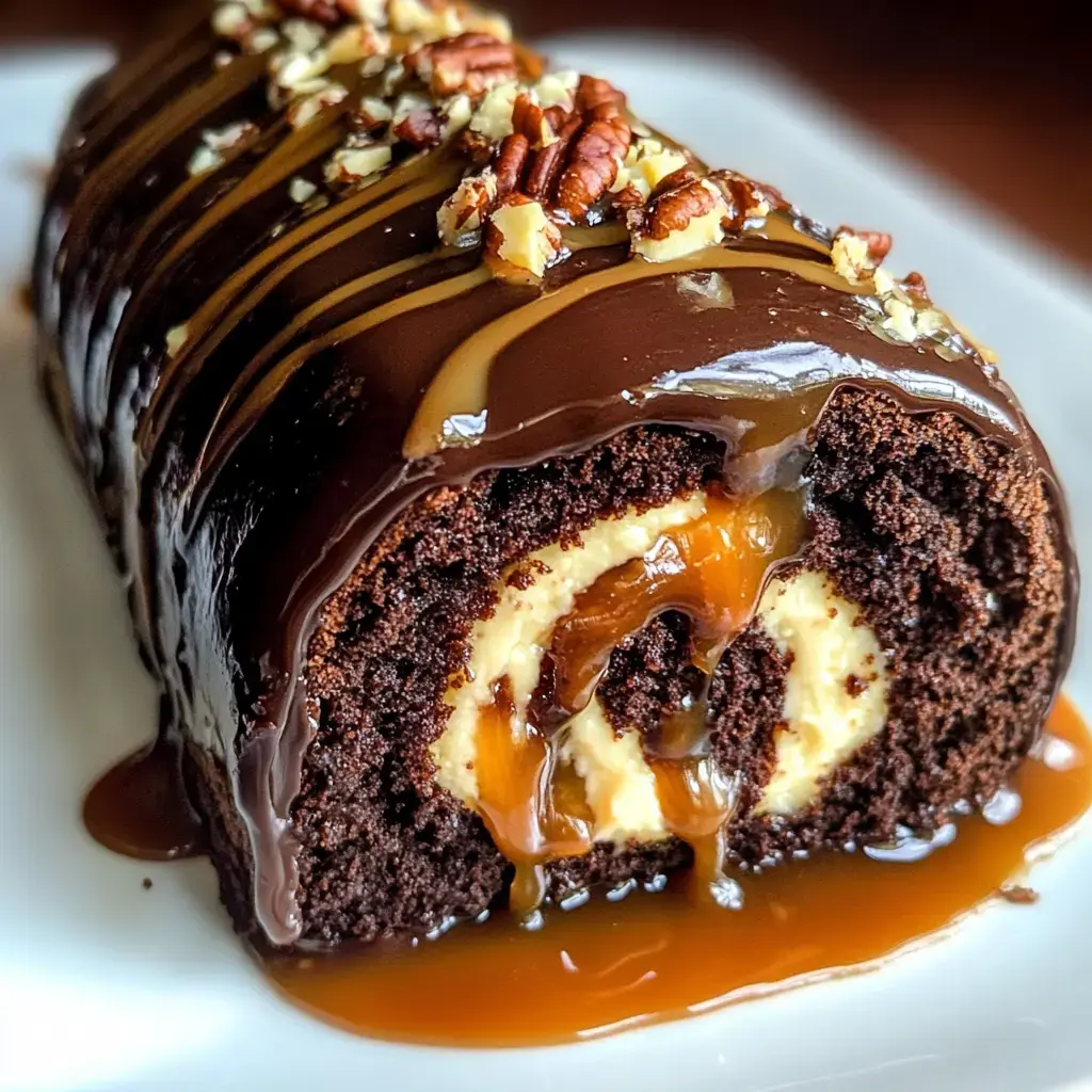 A decadent chocolate roll cake filled with cream and caramel, topped with a glossy chocolate glaze and chopped pecans.