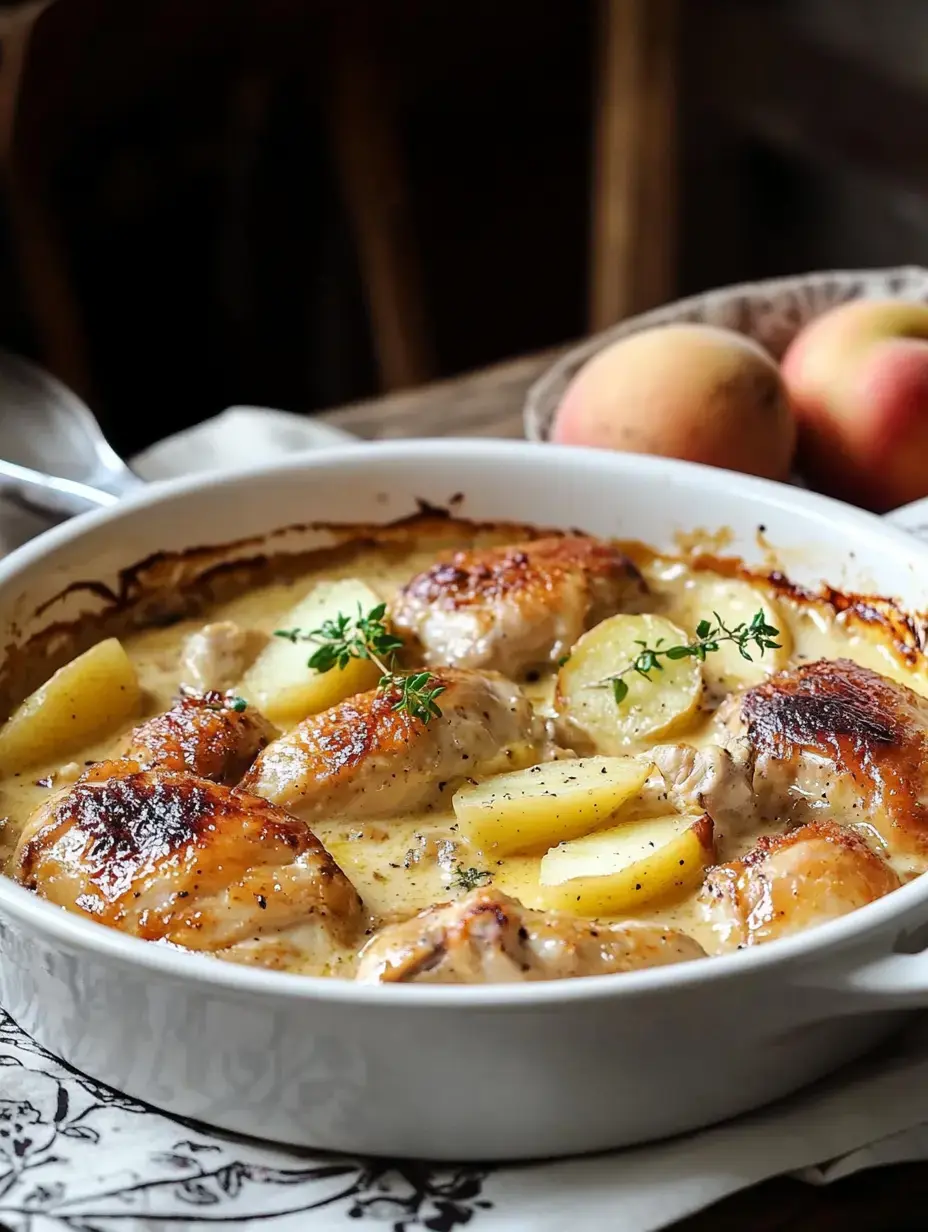 A creamy dish of chicken with golden-brown skin, garnished with thyme and served with slices of potatoes, sits in a white baking dish alongside fresh peaches.