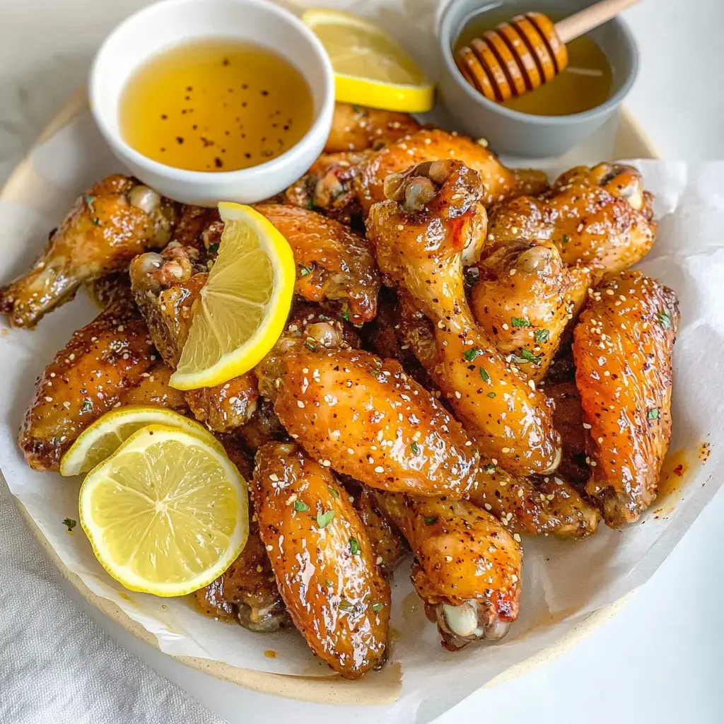 A platter of glossy, honey-glazed chicken wings is garnished with lemon slices and accompanied by small bowls of dipping sauce and honey.