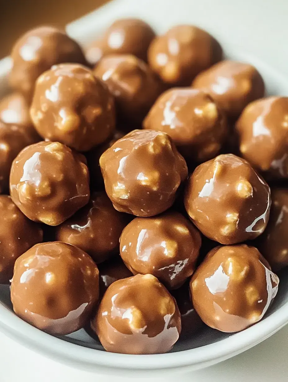 A close-up view of a bowl filled with glossy chocolate-covered round snacks.