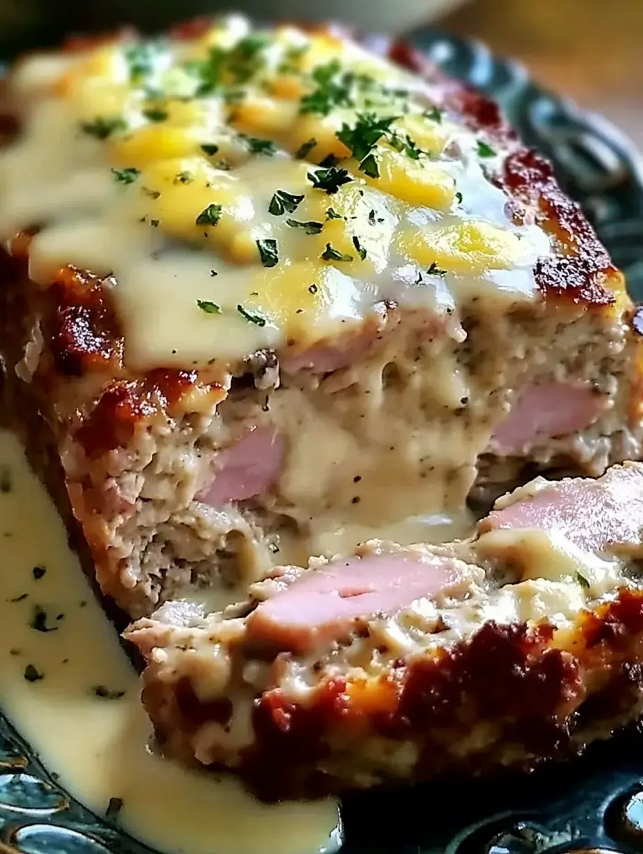 A slice of meatloaf topped with melted cheese, yellow cheese bits, and parsley, served with a creamy sauce.