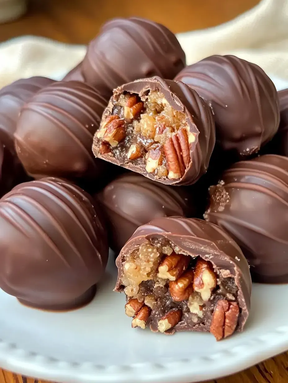 A close-up of chocolate truffles with a pecan and caramel filling, one truffle cut in half to reveal the interior.