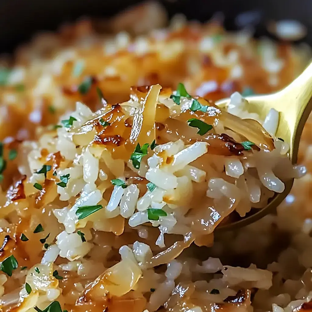 A close-up of a spoonful of golden-brown rice garnished with chopped parsley, set against a blurred background of more rice.