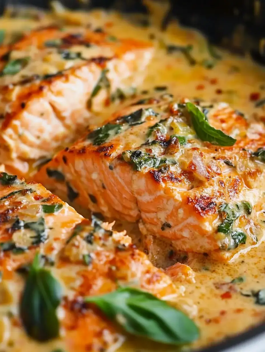 A close-up of grilled salmon fillets in a creamy sauce, garnished with fresh basil leaves.