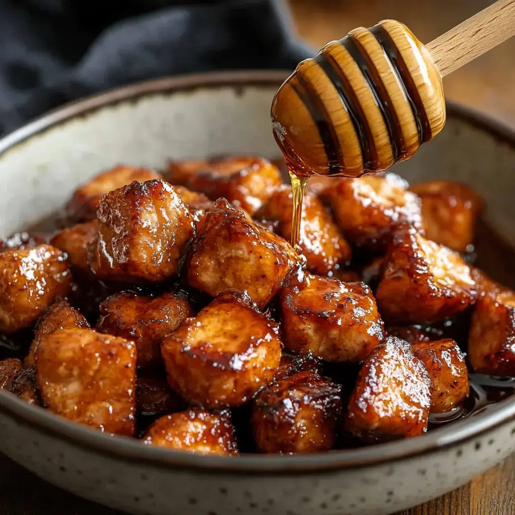 A bowl of caramelized cubes of food, likely dessert, being drizzled with honey.