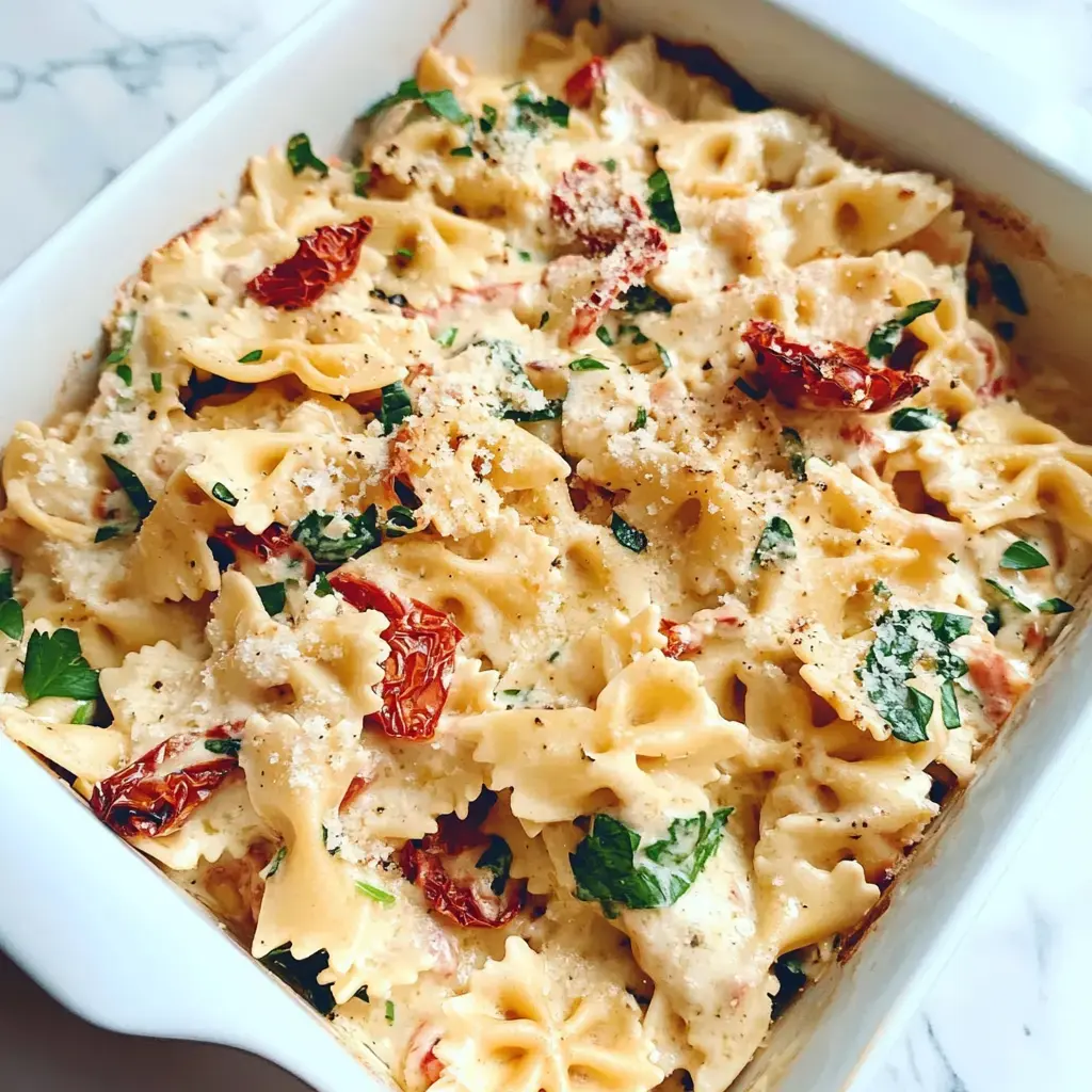 A baked pasta dish with bowtie noodles, sun-dried tomatoes, and fresh parsley, topped with cheese.