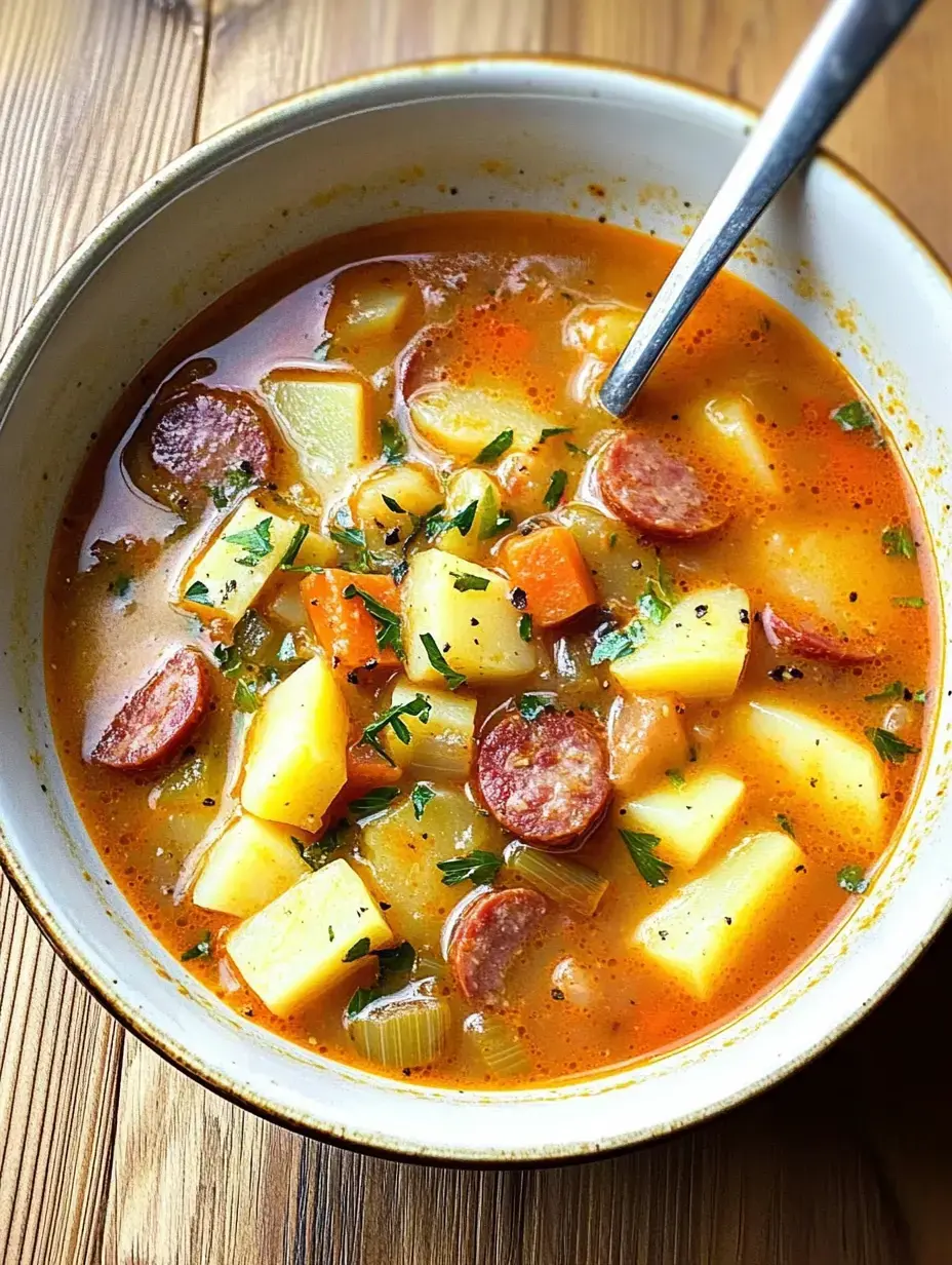 A bowl of hearty soup containing potatoes, carrots, celery, and slices of sausage, garnished with fresh herbs.