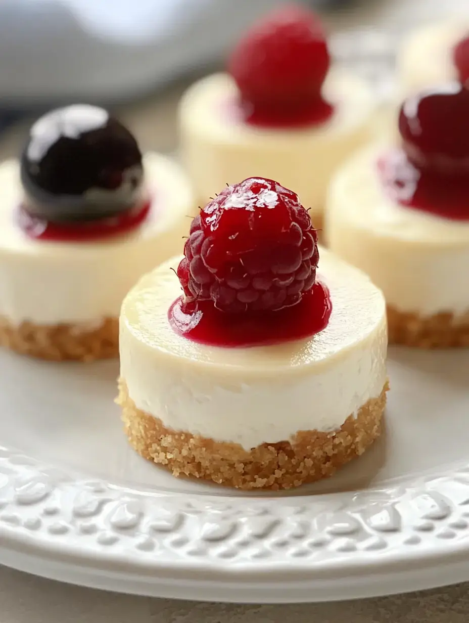 A plate of individual cheesecakes topped with raspberry and blackberry compote.