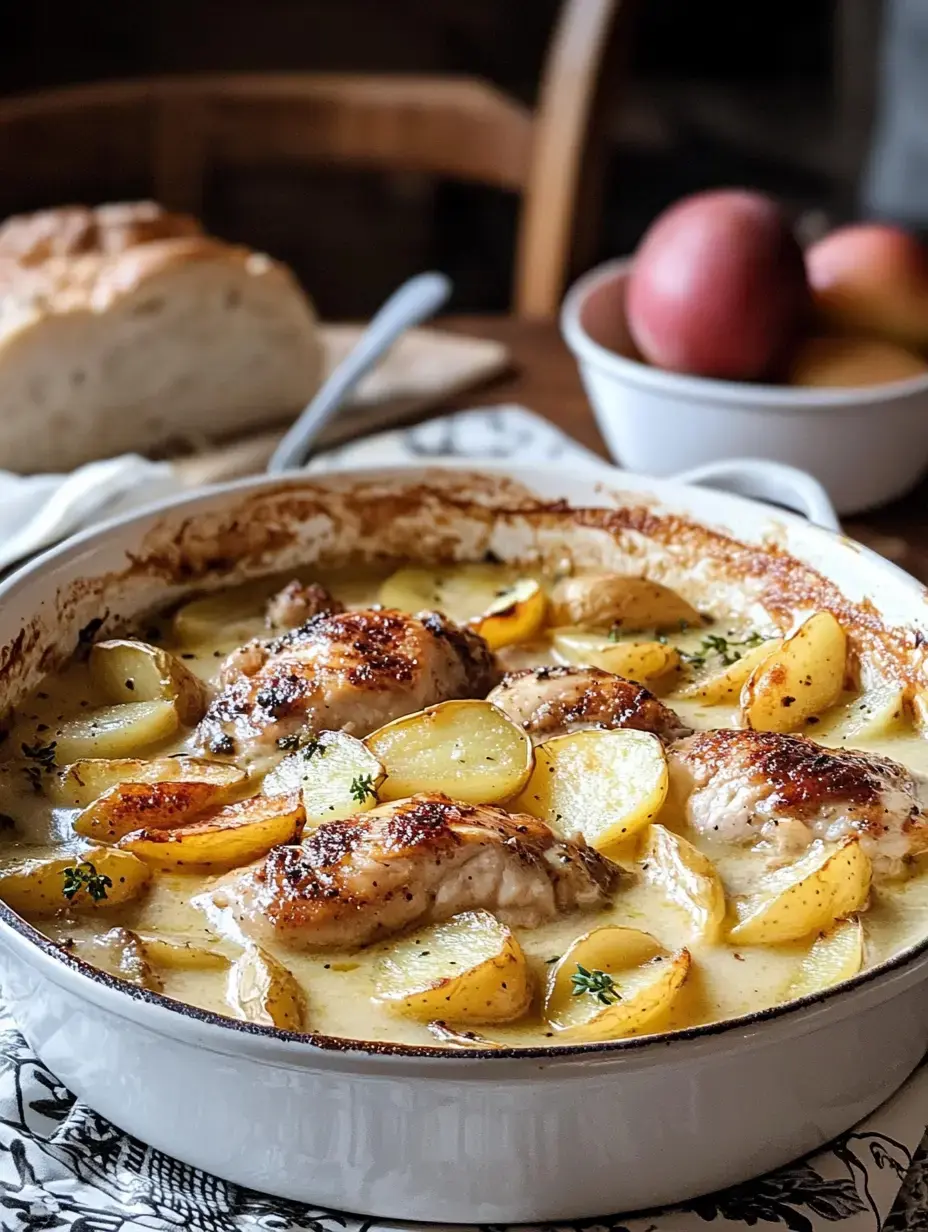 A hearty dish of roasted chicken and golden potatoes is served in a white baking dish, with a loaf of bread and apples in the background on a wooden table.