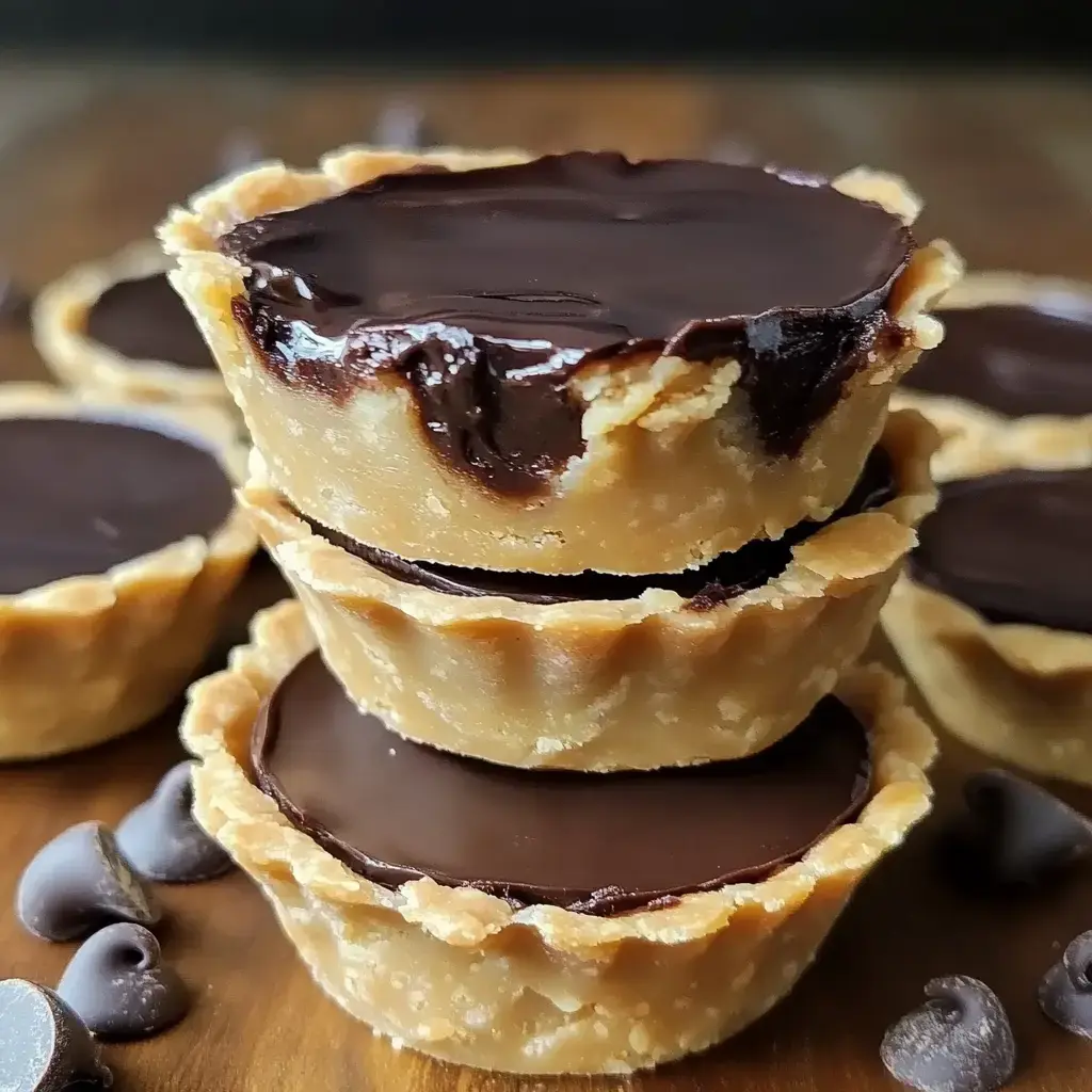 A stack of three mini dessert cups filled with chocolate ganache, surrounded by additional cups and chocolate chips on a wooden surface.