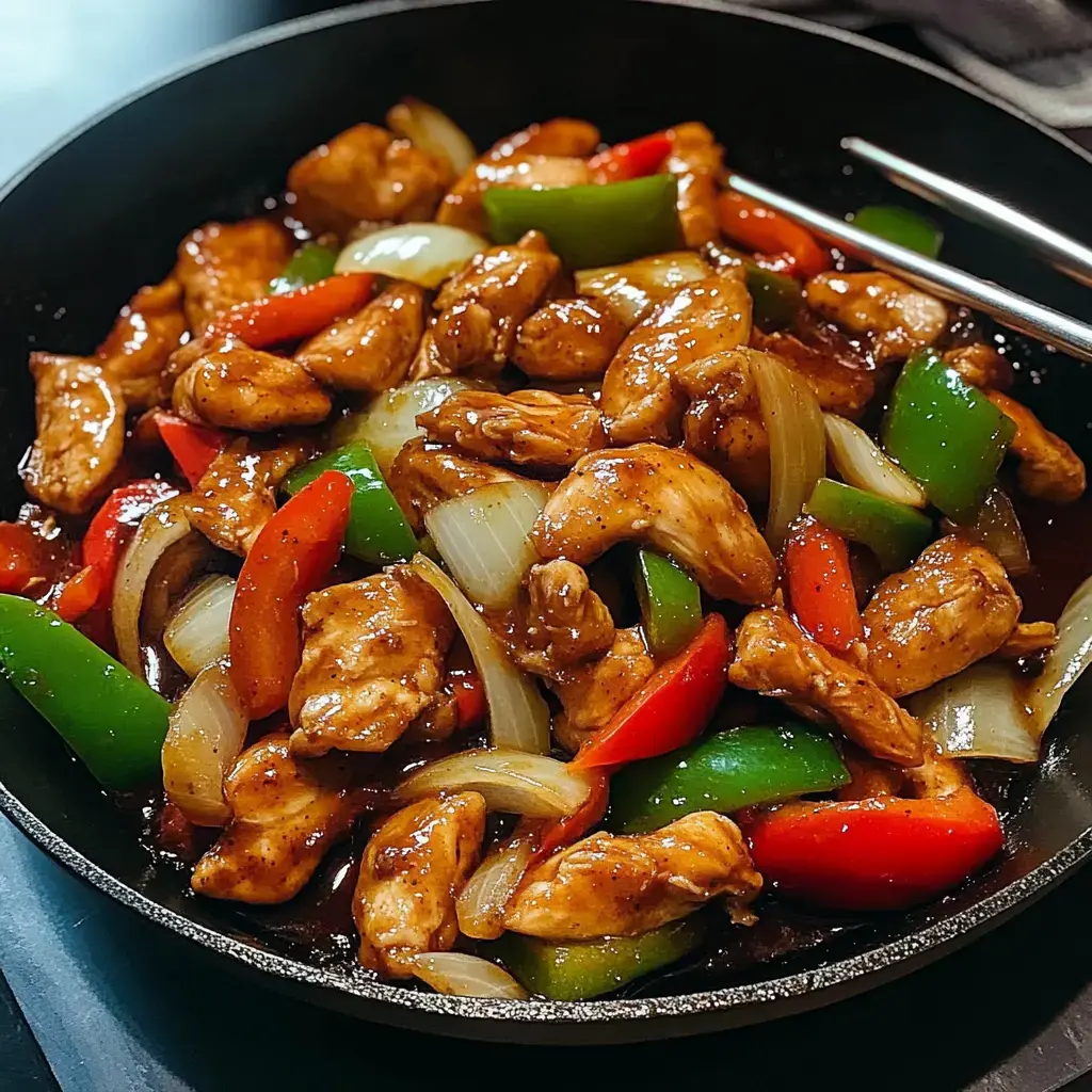 A skillet filled with chicken pieces, red and green bell peppers, and onions in a savory brown sauce.