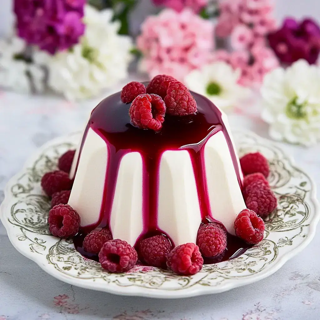 A creamy panna cotta topped with raspberry sauce and fresh raspberries sits on a decorative plate surrounded by flowers.