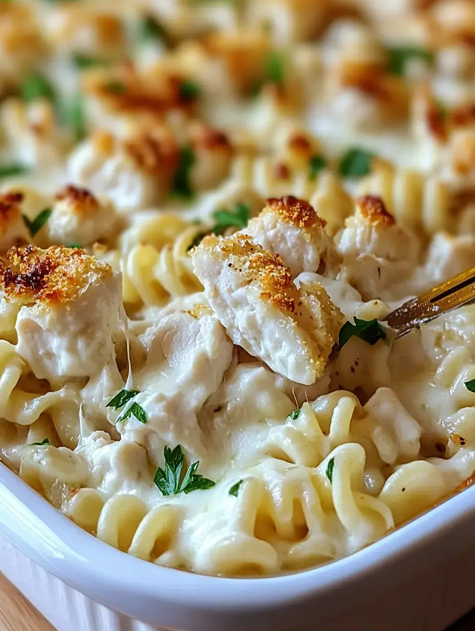 A creamy pasta dish with rotini, chicken pieces, and a golden breadcrumb topping, garnished with parsley.