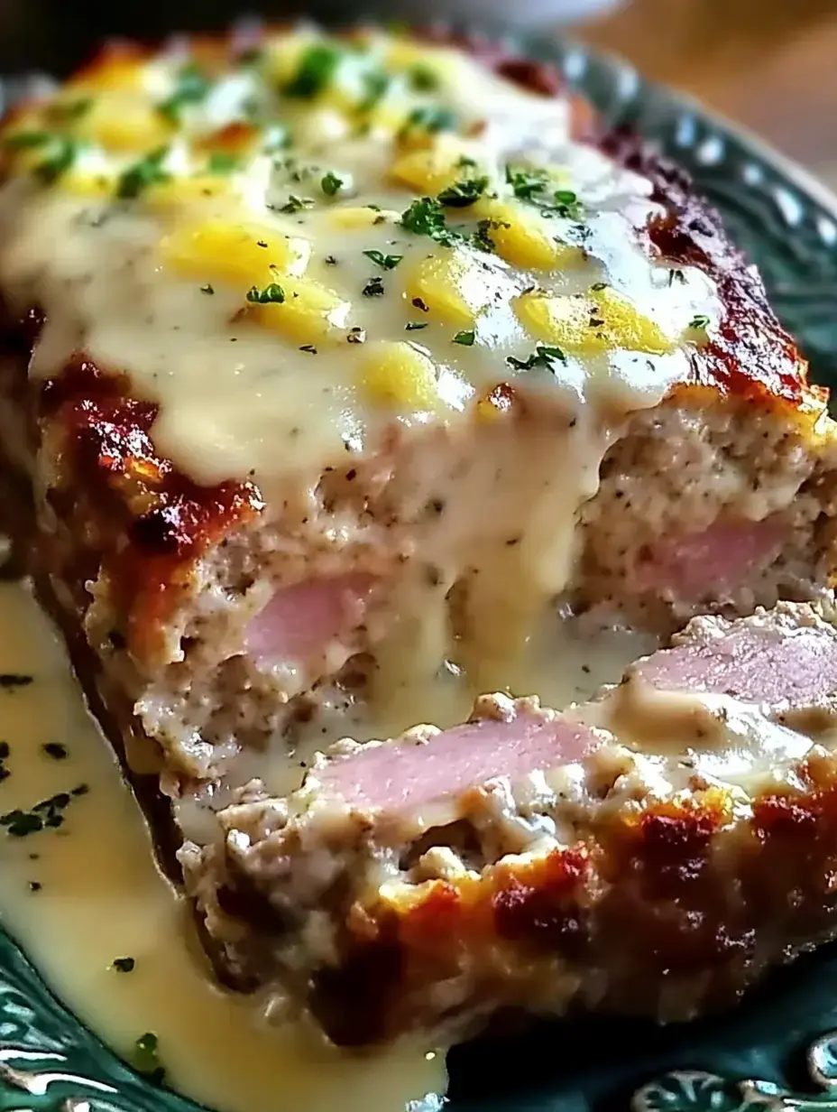 A sliced meatloaf topped with creamy sauce and garnished with parsley and yellow toppings.