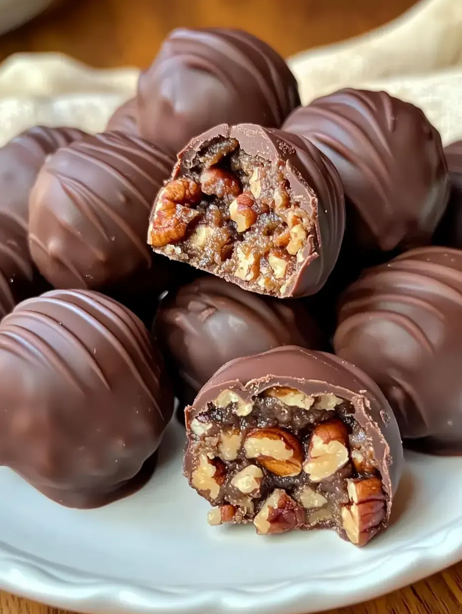 A plate of chocolate-covered balls, one cut in half to reveal a filling of nuts and a rich, textured interior.