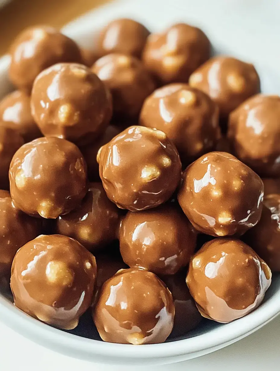 A close-up image of a bowl filled with round chocolate-covered treats, featuring a glossy brown coating and visible crunchy bits inside.