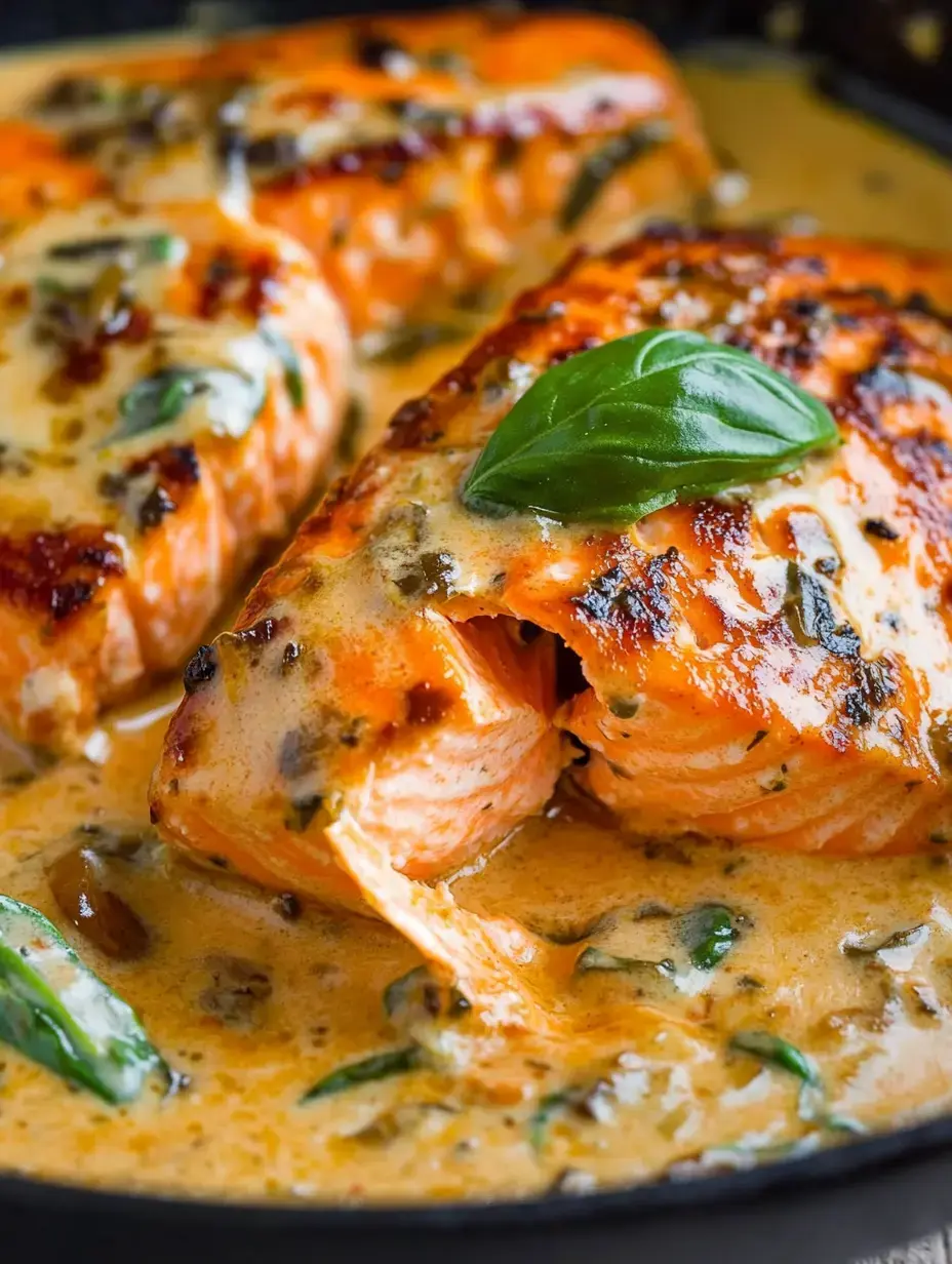 A close-up of cooked salmon fillets in a creamy sauce, garnished with a fresh basil leaf and surrounded by green herbs.