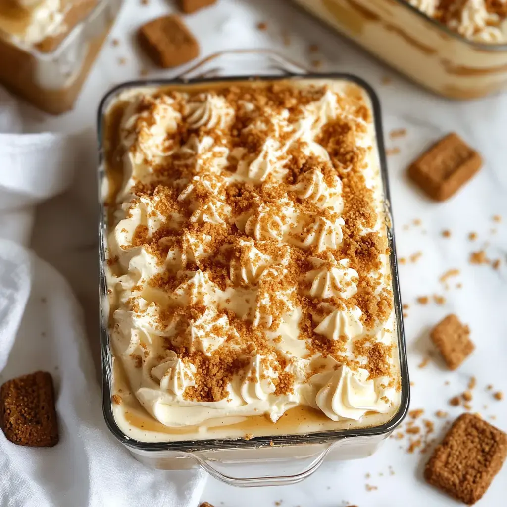 A glass dish of layered dessert topped with whipped cream and crushed cookie crumbs, surrounded by scattered cookies.