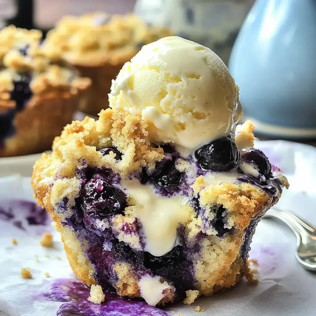 A close-up shot of a blueberry muffin topped with a scoop of vanilla ice cream, revealing its moist interior filled with blueberries and cream.